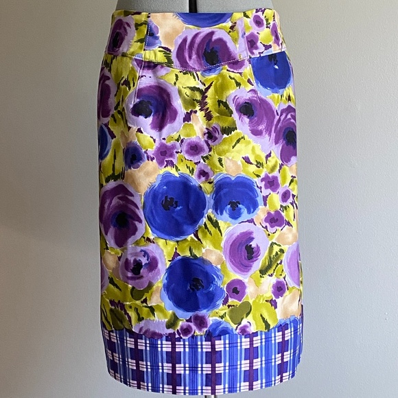 Yoana Baraschi Anthropologie Floral Plaid Pencil Skirt Sz 8 Colorful Fully Lined - Picture 1 of 5
